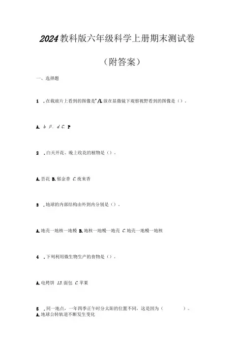2024教科版六年级科学上册期末测试卷(附答案)