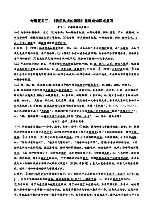 《物质构成的奥秘》重难点知识汇总(专题复习三)