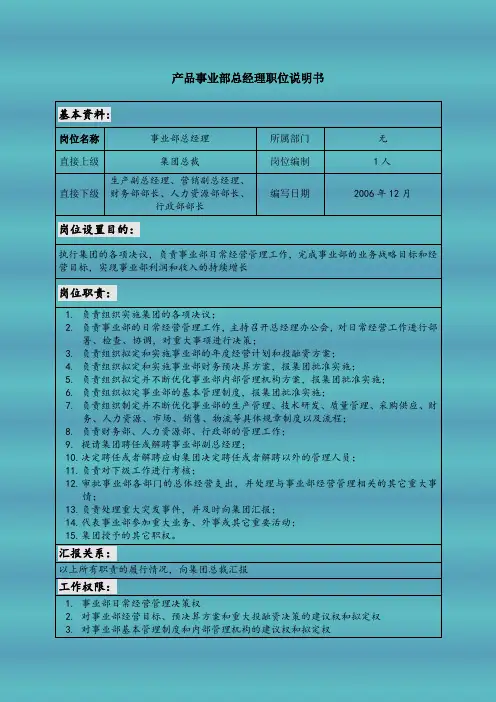产品事业部总经理职位说明书