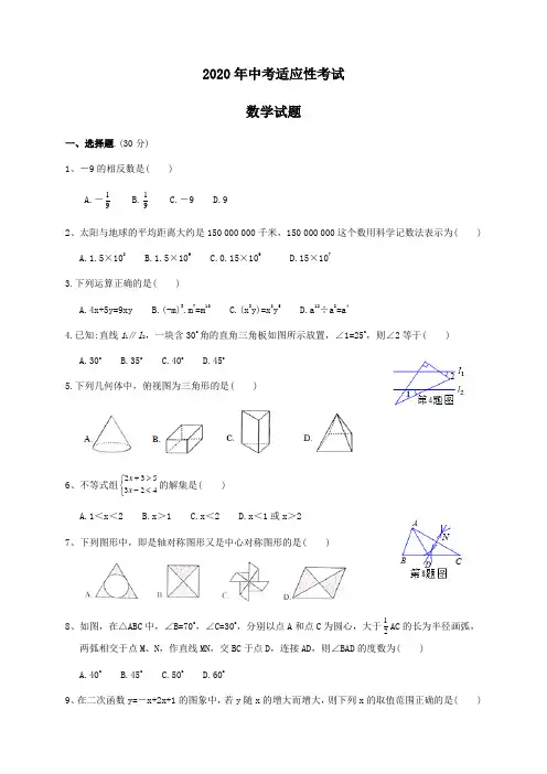 2020年湖北省中考适应性考试数学试题(word版附答案)