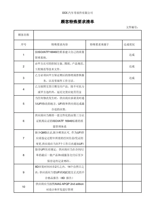 顾客特殊要求清单
