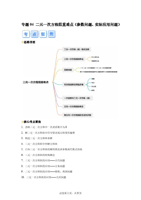 八年级数学专题 二元一次方程组重难点(参数问题、实际应用问题)(北师大版)
