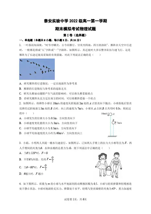 山东省泰安市泰安实验中学2022-2023学年高一上学期1月期末模拟物理试题
