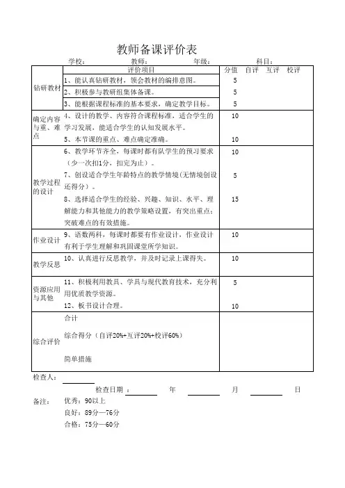 备课教师评价表