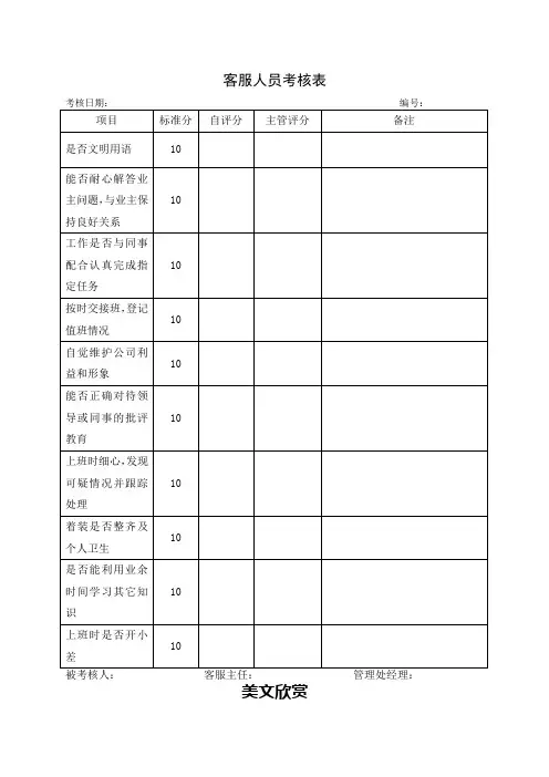 4、客服人员考核表