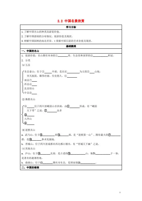 高中地理第二章旅游景观的欣赏2.2中国名景欣赏学案湘教版选修3