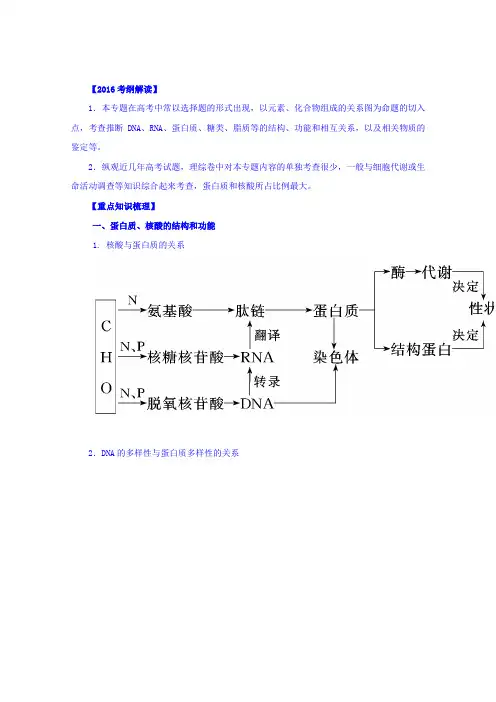 2016年高考生物二轮复习精品资料专题01细胞的分子组成与结构(讲学案)