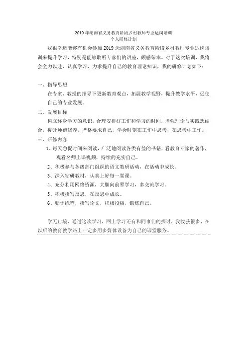 2019nian 湖南省义务教育阶段乡村教师专业适岗培训