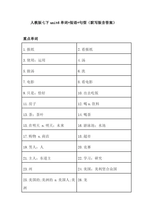 人教版七下unit6单词+短语+句型(默写版含答案)