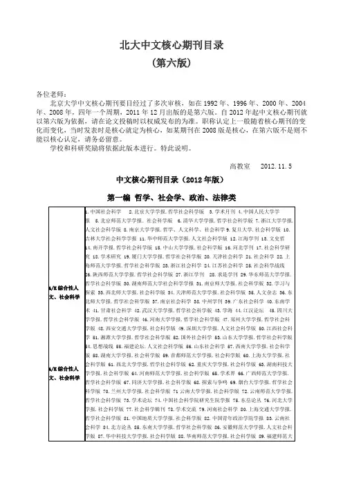 北大核心期刊目录(2014)