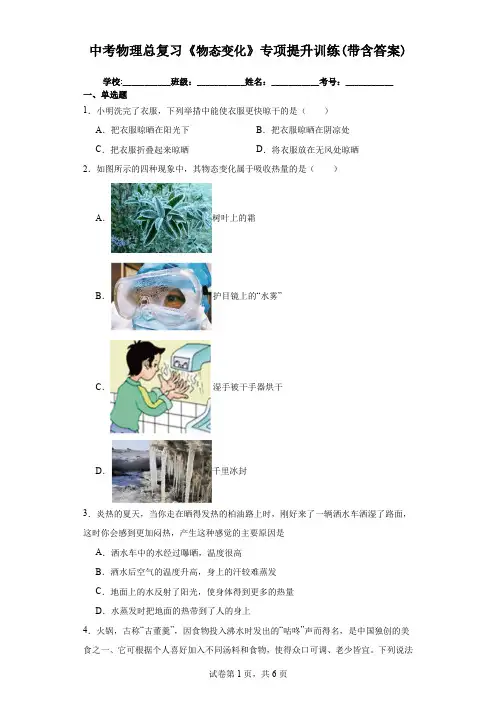 中考物理总复习《物态变化》专项提升训练(带含答案)
