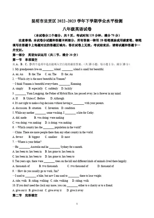 云南省昆明市呈贡区2022-2023学年八年级下学期期末英语试题(含答案)