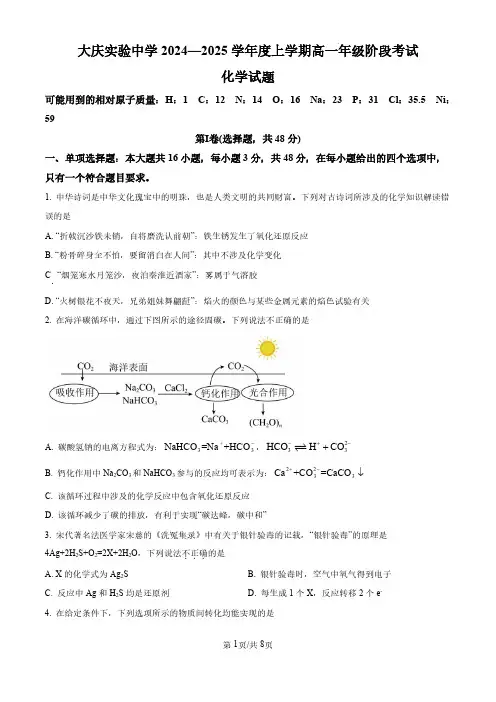 2024-2025学年黑龙江省大庆市实验中学高一上学期段考化学试题及答案