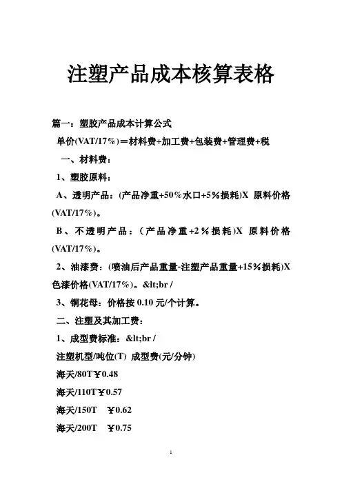 注塑产品成本核算表格