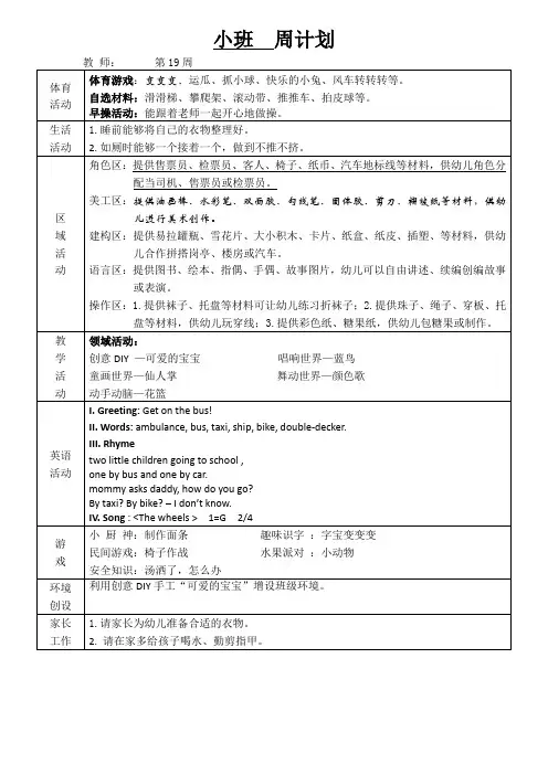 幼儿园小班班级周计划第19周 