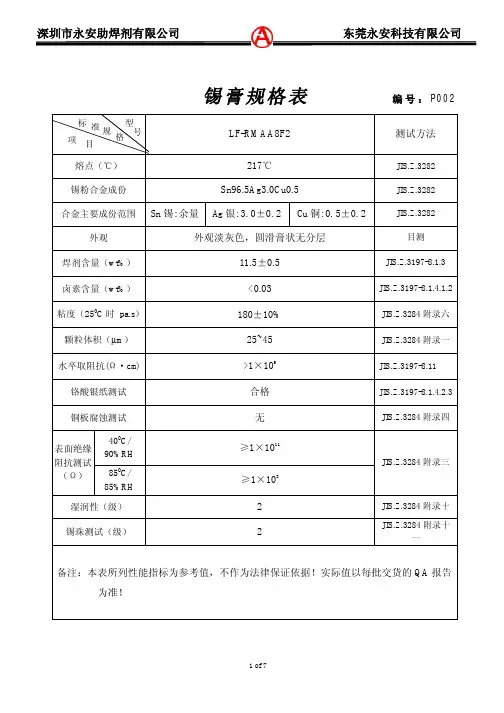 永安锡膏规格介绍