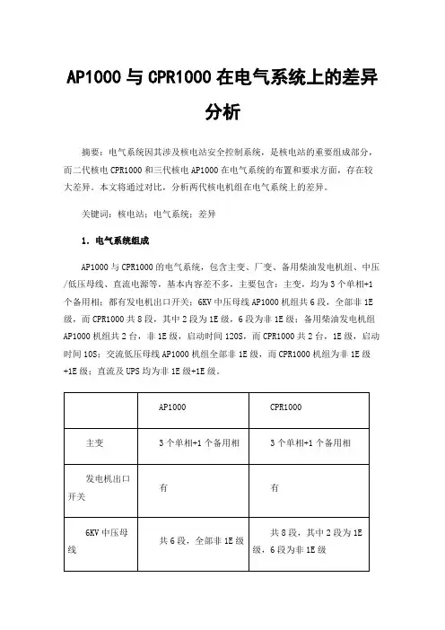AP1000与CPR1000在电气系统上的差异分析
