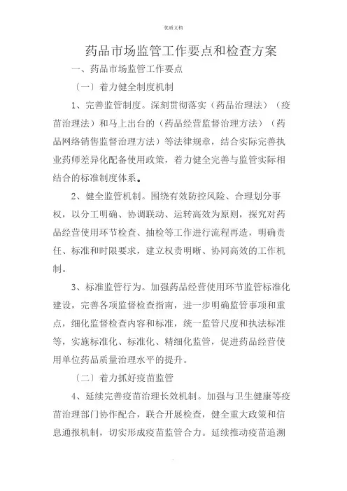 2022年药品市场监管工作要点和检查计划