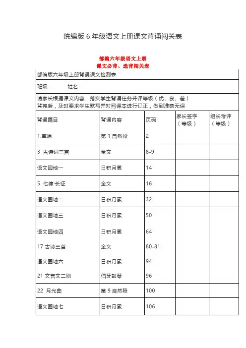统编版6年级语文上册课文背诵闯关表