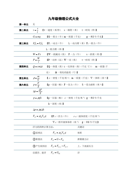 九年级物理公式大全