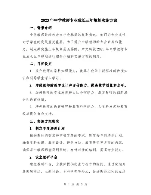 2023年中学教师专业成长三年规划实施方案