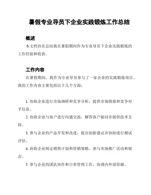 暑假专业导员下企业实践锻炼工作总结
