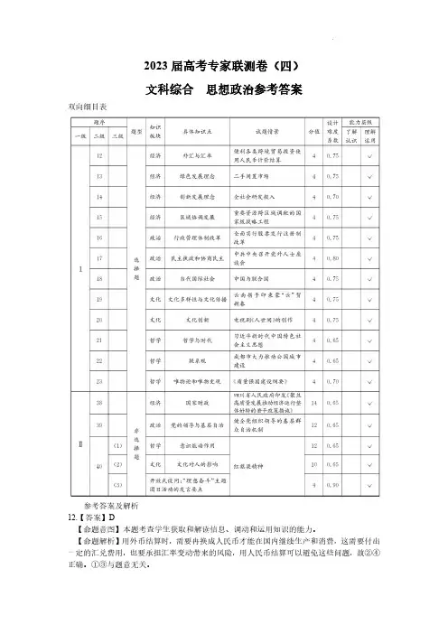 2023届四川省成都市高三下学期高考专家联测卷(四)丨文综答案