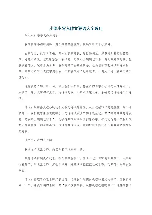 小学生写人作文评语大全通用