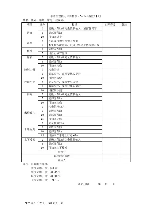 患者自理能力评估量表(Barthel指数))