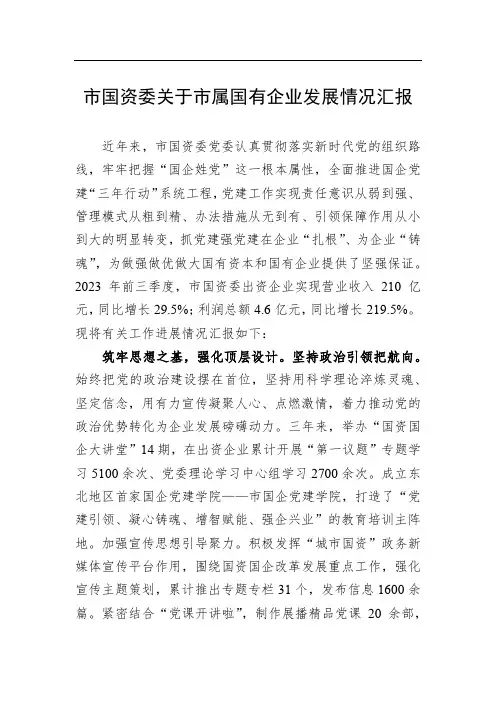 市国资委关于市属国有企业发展情况汇报