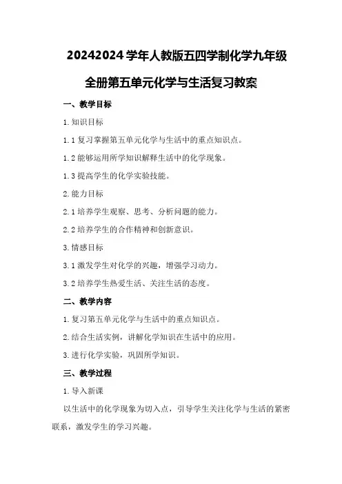 20242024学年人教版五四学制化学九年级全册第五单元化学与生活复习教案