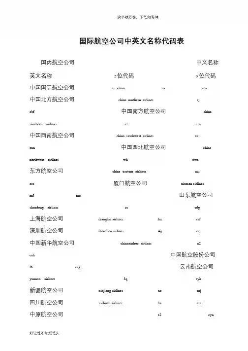 国际航空公司中英文名称代码表