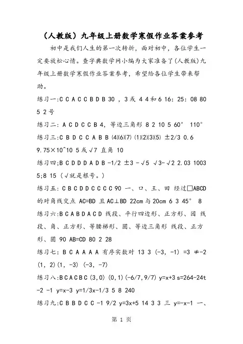 (人教版)九年级上册数学寒假作业答案参考-教学文档