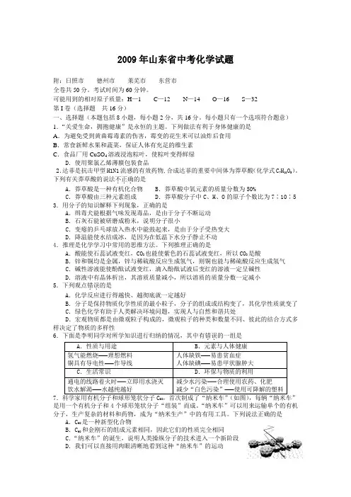 2009年山东省化学中考试题(含答案)