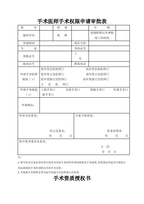 手术权限申请审批表及手术资质授权书
