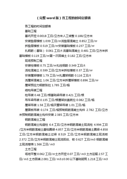 （完整word版）各工程的时间定额表