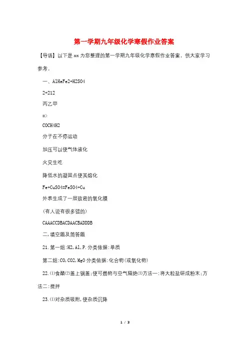 第一学期九年级化学寒假作业答案