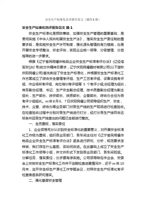 安全生产标准化自评报告范文（通用6篇）