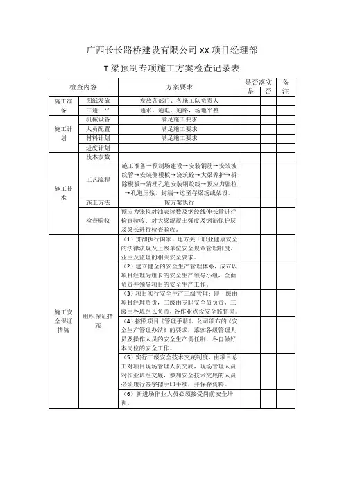 T梁预制专项施工方案检查记录表