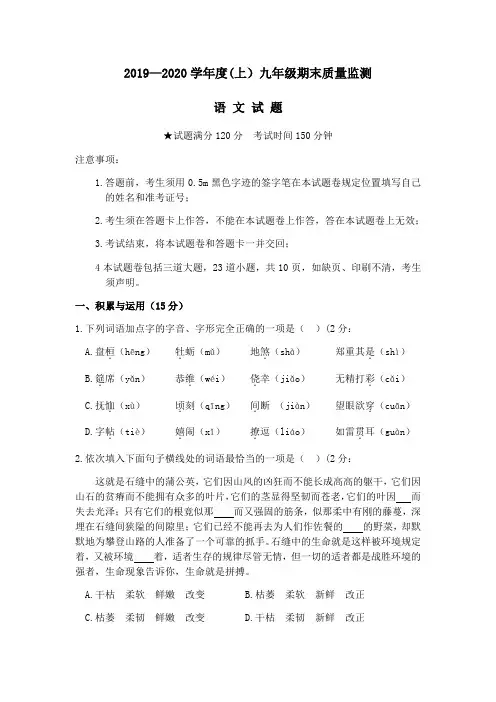 沈阳市大东区2019-2020学年度(上)九年级期末质量检测语文试卷