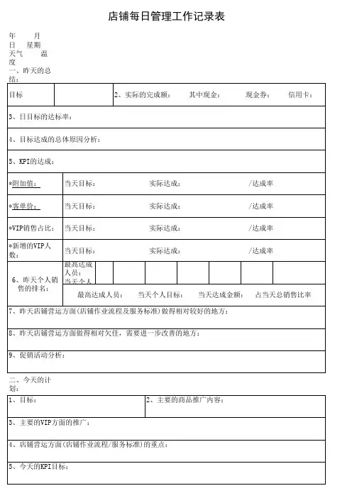 店铺每日管理工作记录表