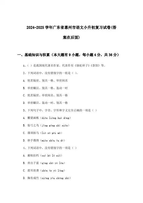 广东省惠州市语文小升初试卷及解答参考(2024-2025学年)