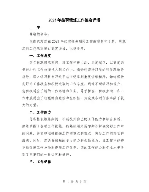 2023年挂职锻炼工作鉴定评语