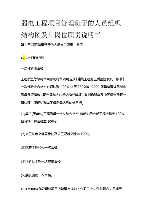 弱电工程项目管理班子的人员组织结构图及其岗位职责说明书全套