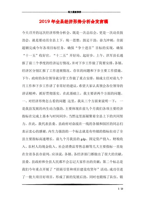 2019年全县经济形势分析会发言稿