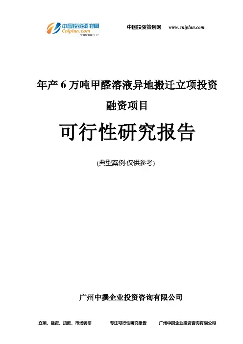 年产6万吨甲醛溶液异地搬迁融资投资立项项目可行性研究报告(中撰咨询)