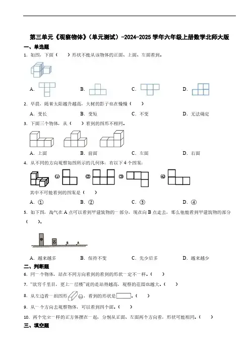 第三单元《观察物体》单元测试(含答案)2024-2025学年六年级上册数学北师大版