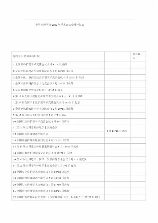 中华护理学会2020年学术会议安排计划表