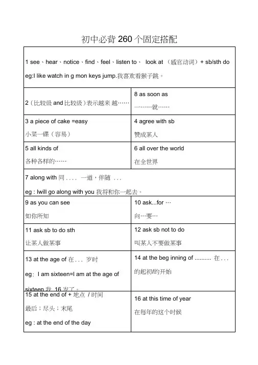 (完整word版)初中英语必背260个固定搭配(已排版)