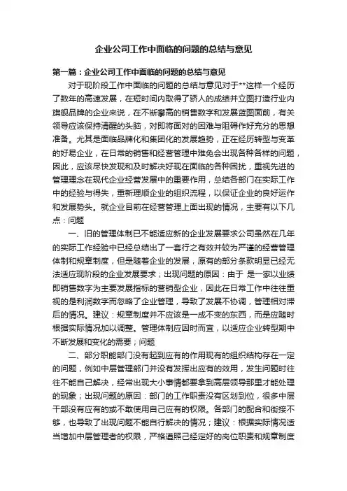 企业公司工作中面临的问题的总结与意见